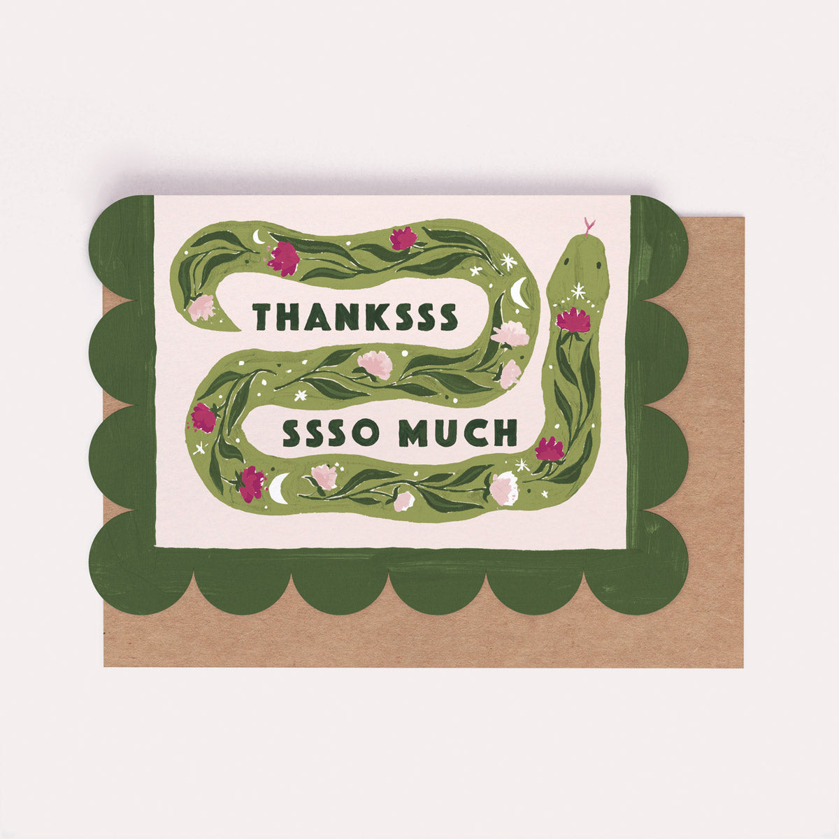 Scallop-edged funny thank you card with a floral green snake and the caption 'Thankssss so much'