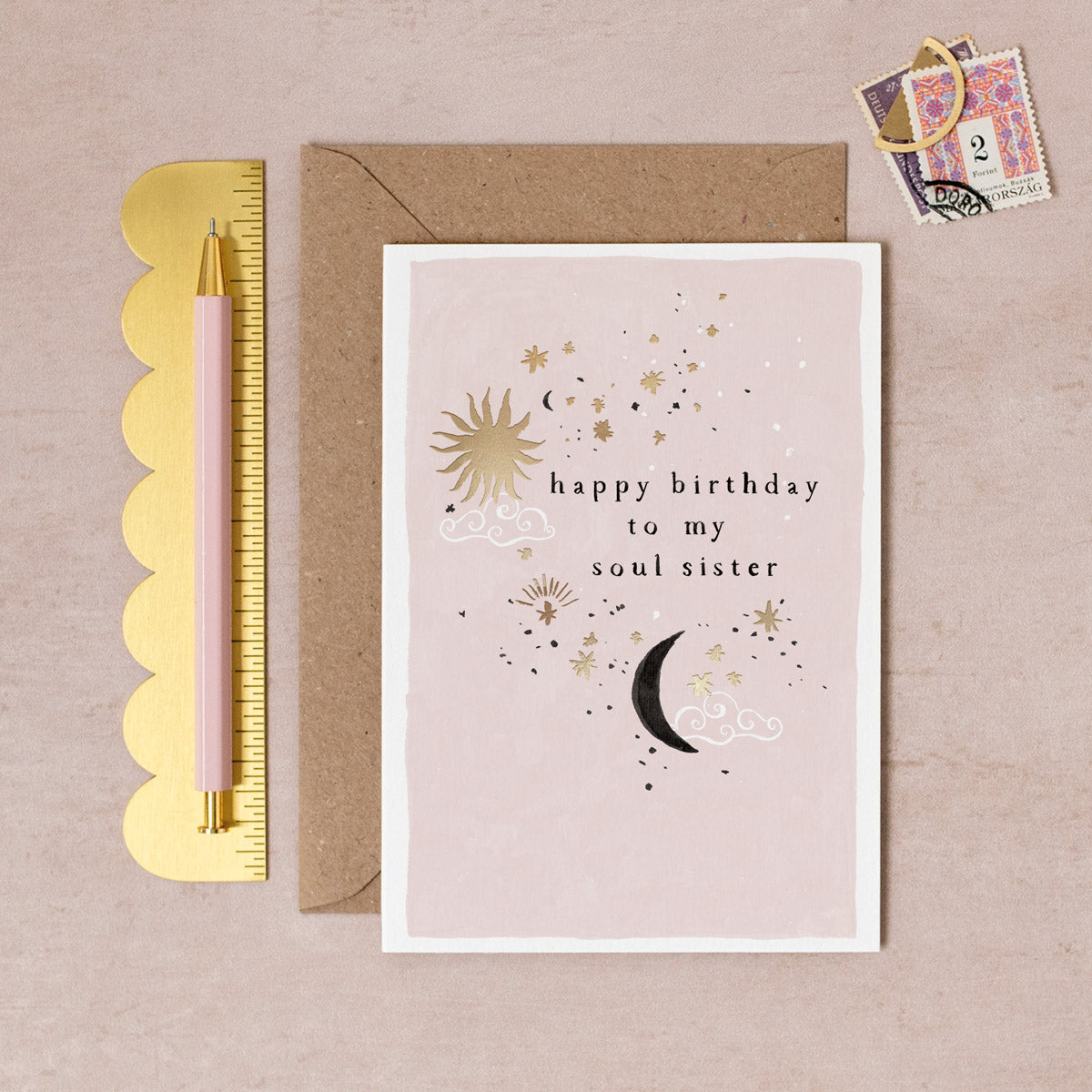 A soul sister birthday card with gold foil details from Sister Paper Co.
