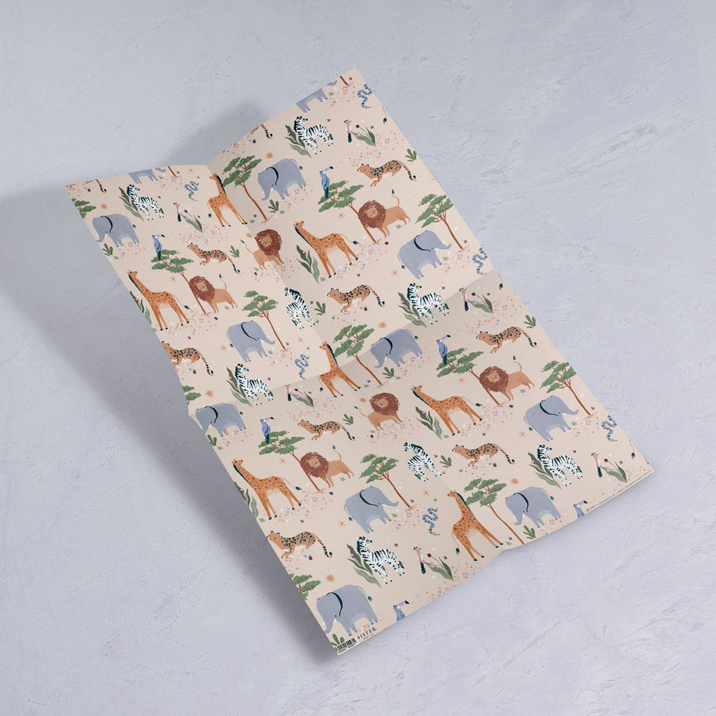 Safari animal print wrapping paper from the Kids gift wrap collection at Sister Paper Co.