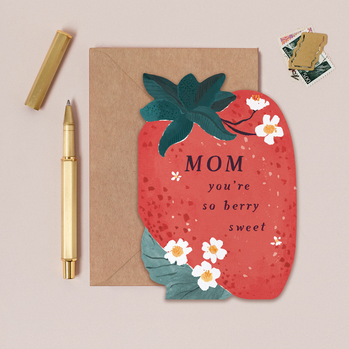 Mom Sweet Strawberry Mother's Day Card with USA spelling of Mom on the front of a big strawberry shape card