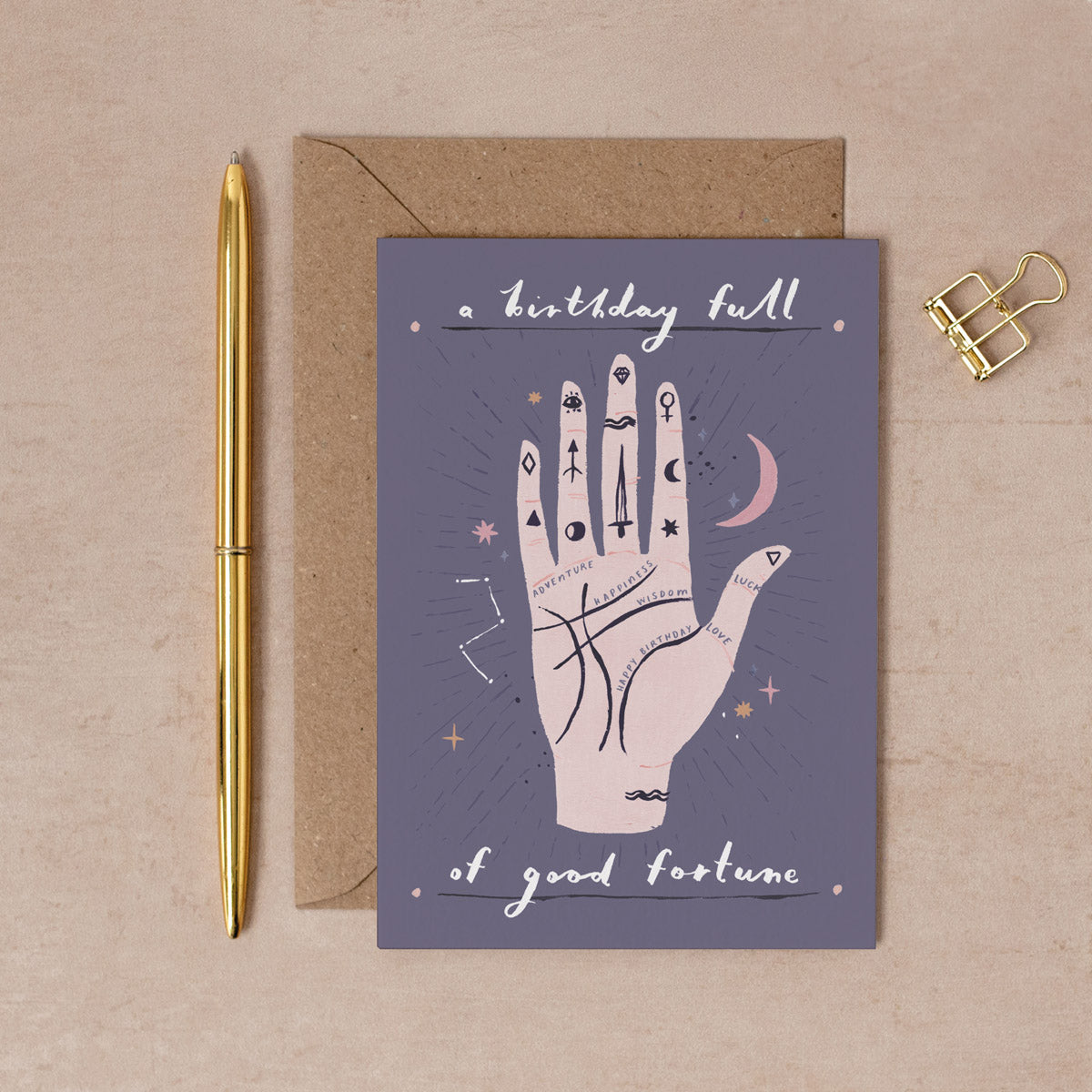 A palmistry illustration with stars on a friend birthday card from the female birthday card collection at Sister Paper Co.