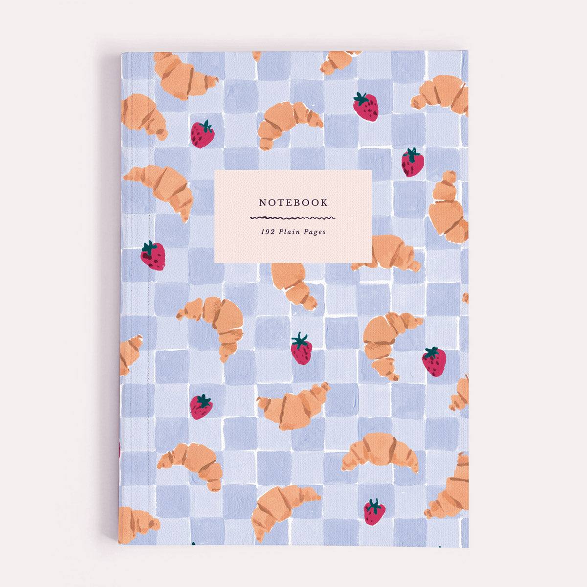 Croissant Cafe notebook, A5 plain page journal with a croissants and strawberries cover