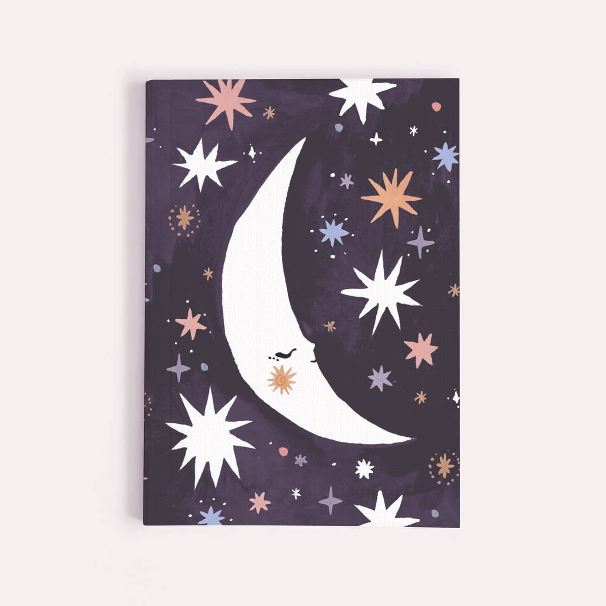 Sleeping moon pocket notebook, A6 plain page journal with a crescent moon and stars cover