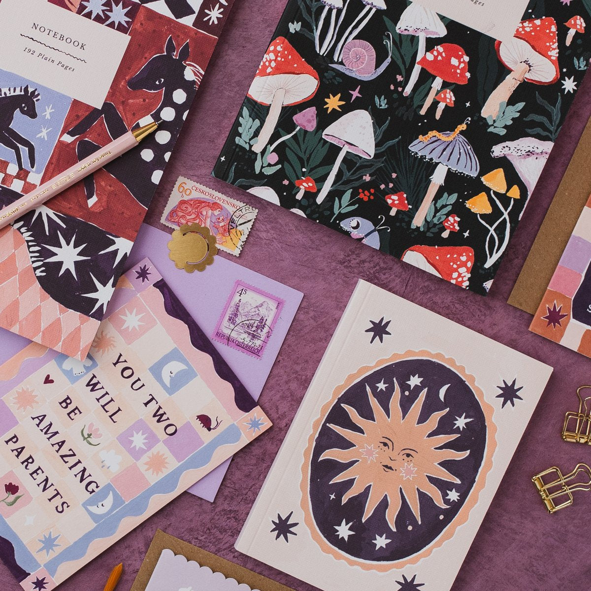 Sister Paper Co cards and notebooks styled together