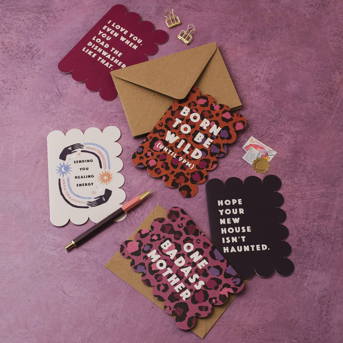 Sister Paper Co Valentine's and Mother's Day cards in a styled flat lay
