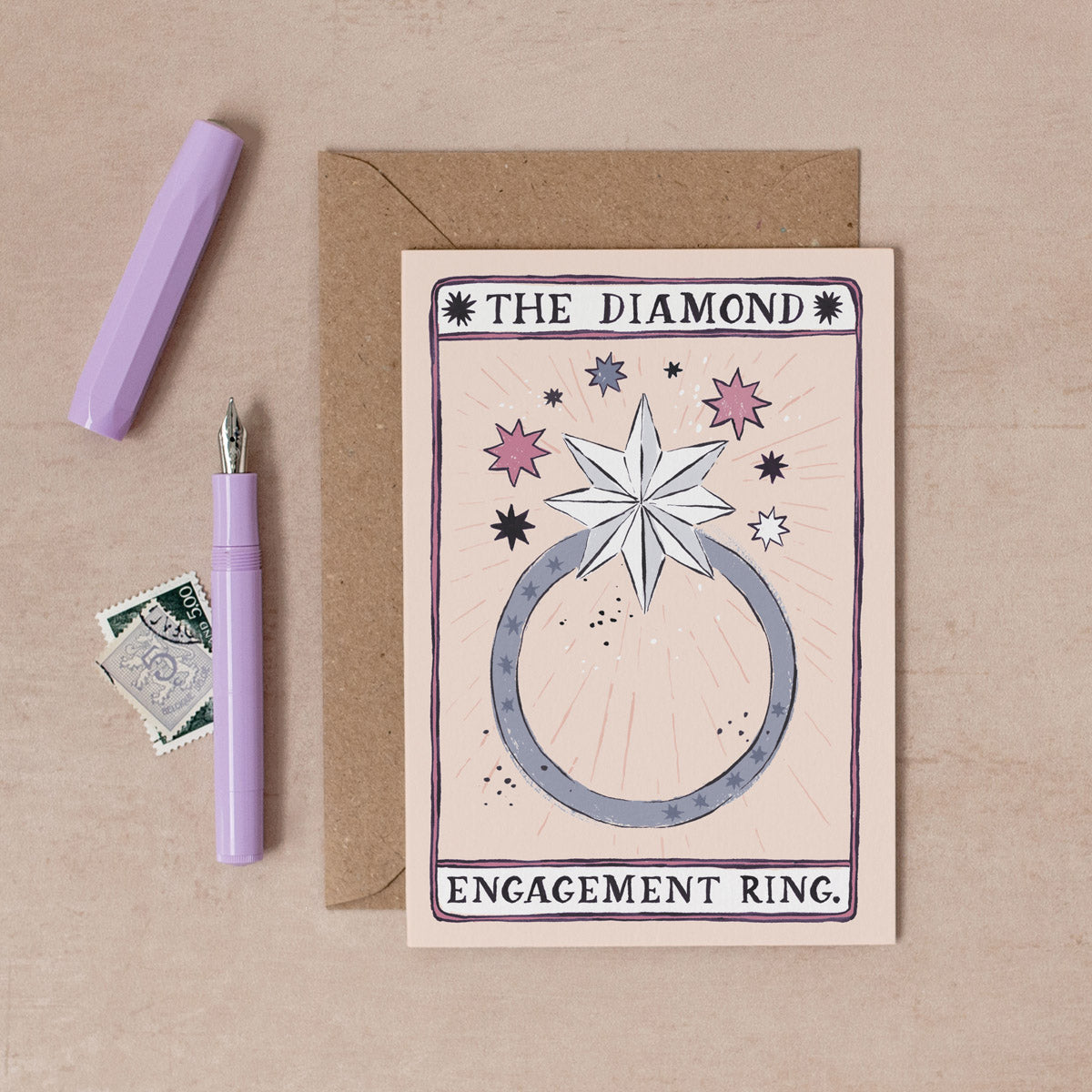 The Diamond Engagement Ring card from the Tarot collection at Sister Paper Co features a mystical diamond ring.