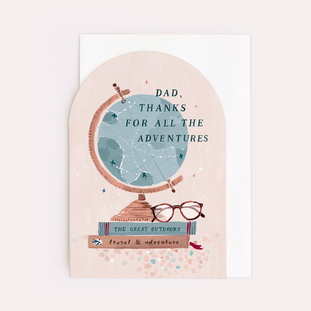 A card for Dad featuring an illustration of globe and glasses from the male birthday card collection at Sister Paper Co.