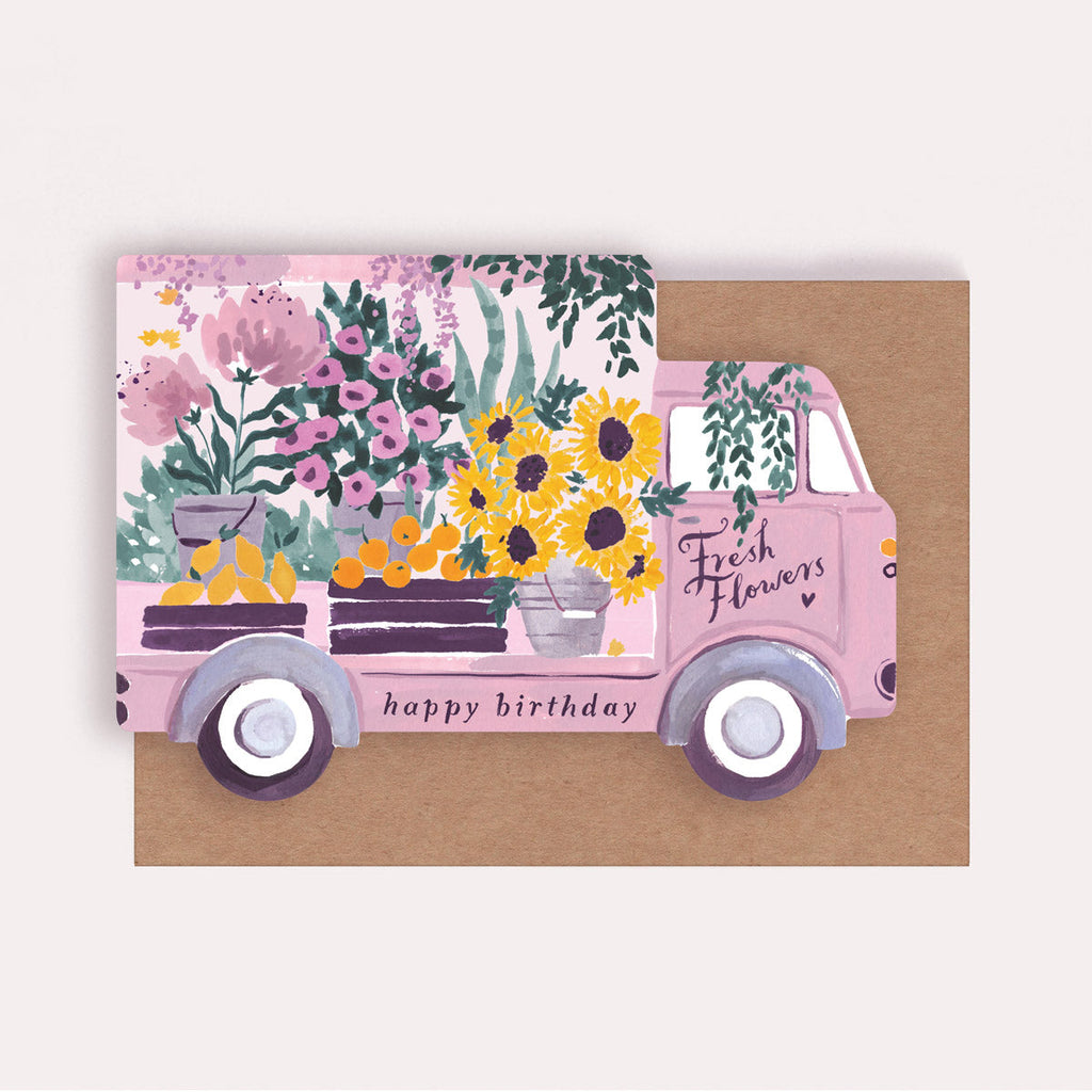 A birthday card of a flower truck from Sister Paper Co.