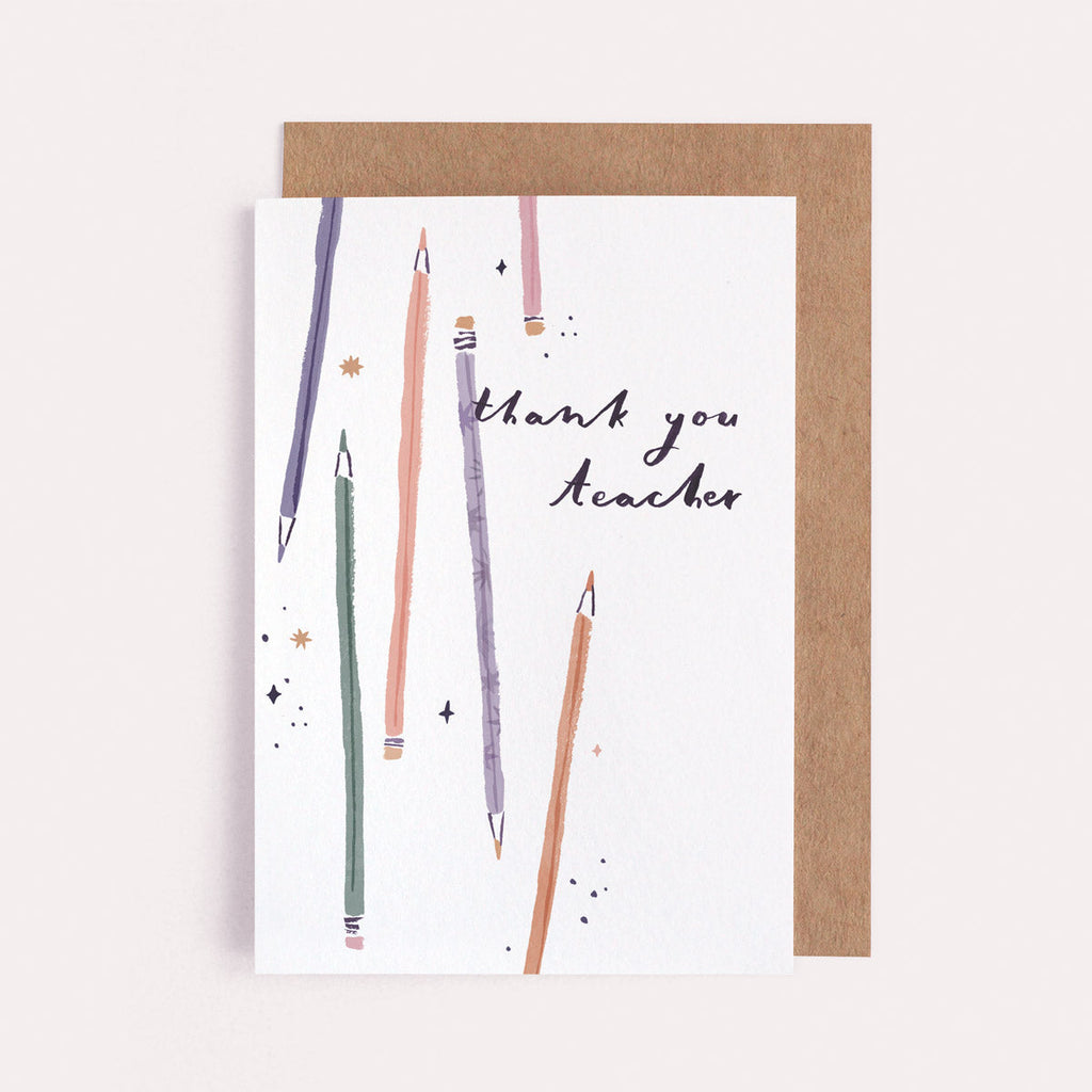 A teacher card with illustrated colour pencils. From the Solstice collection at Sister Paper Co.