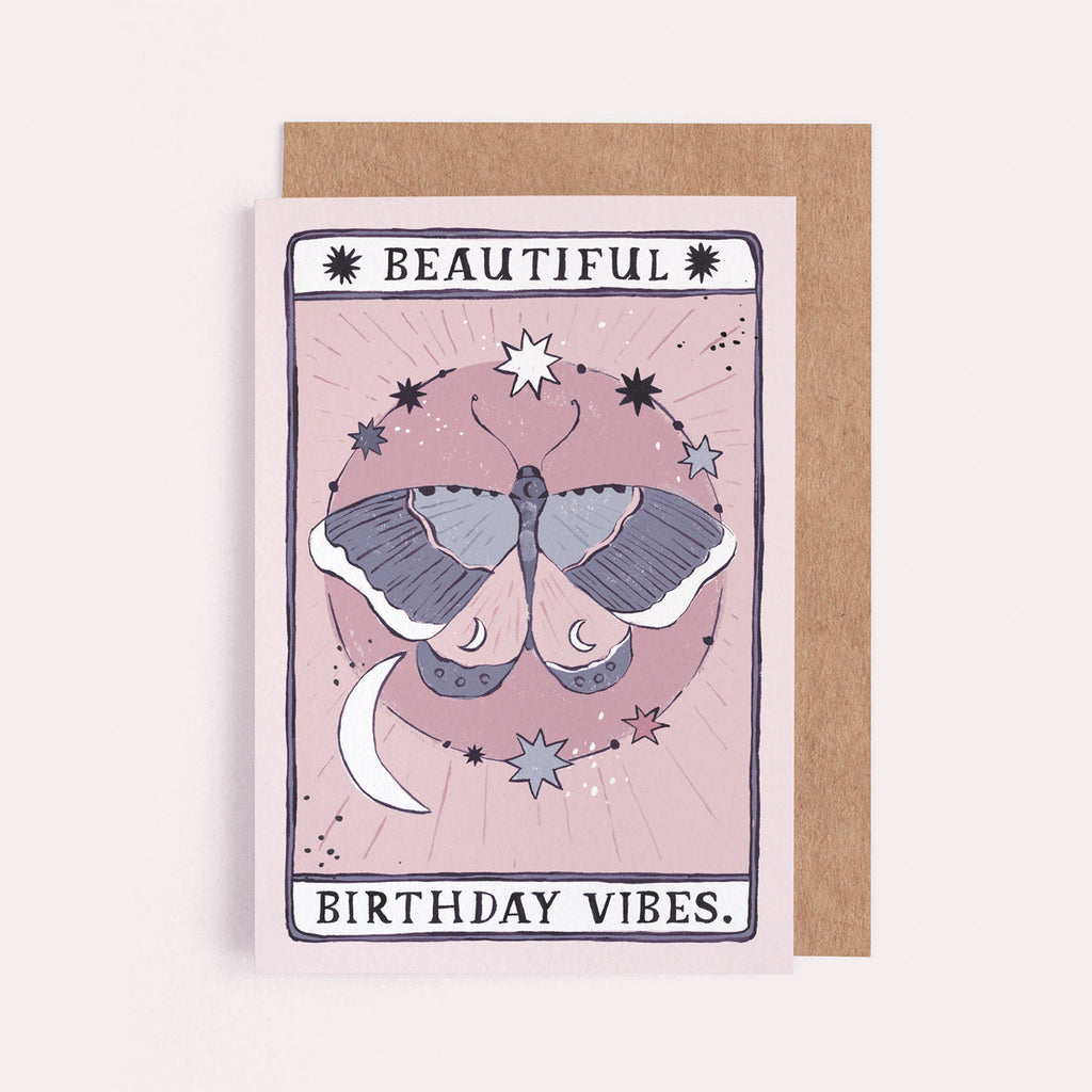 The Moth Birthday Vibes card from the Tarot collection at Sister Paper Co features an illustrated moth.