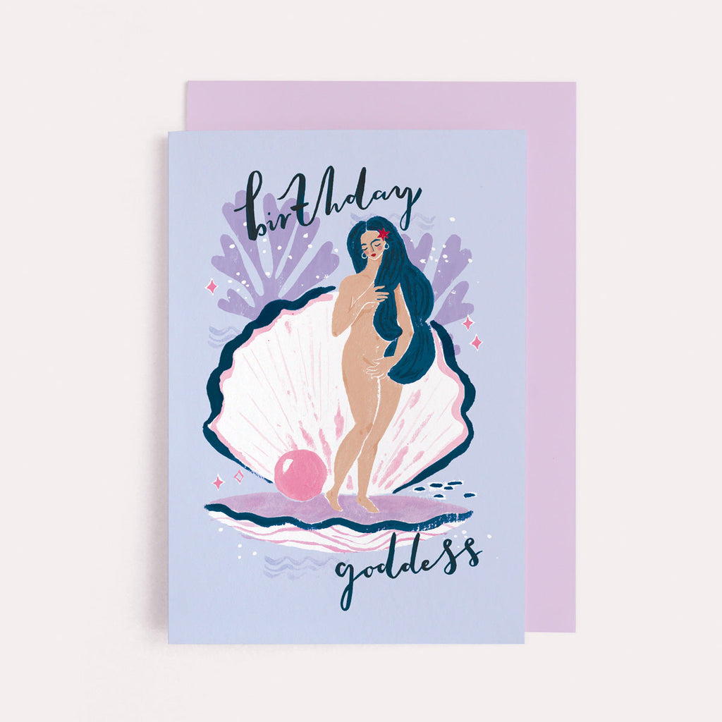 A birth of Venus and shell illustration on a birthday card from the feminist female birthday card collection at Sister Paper Co.