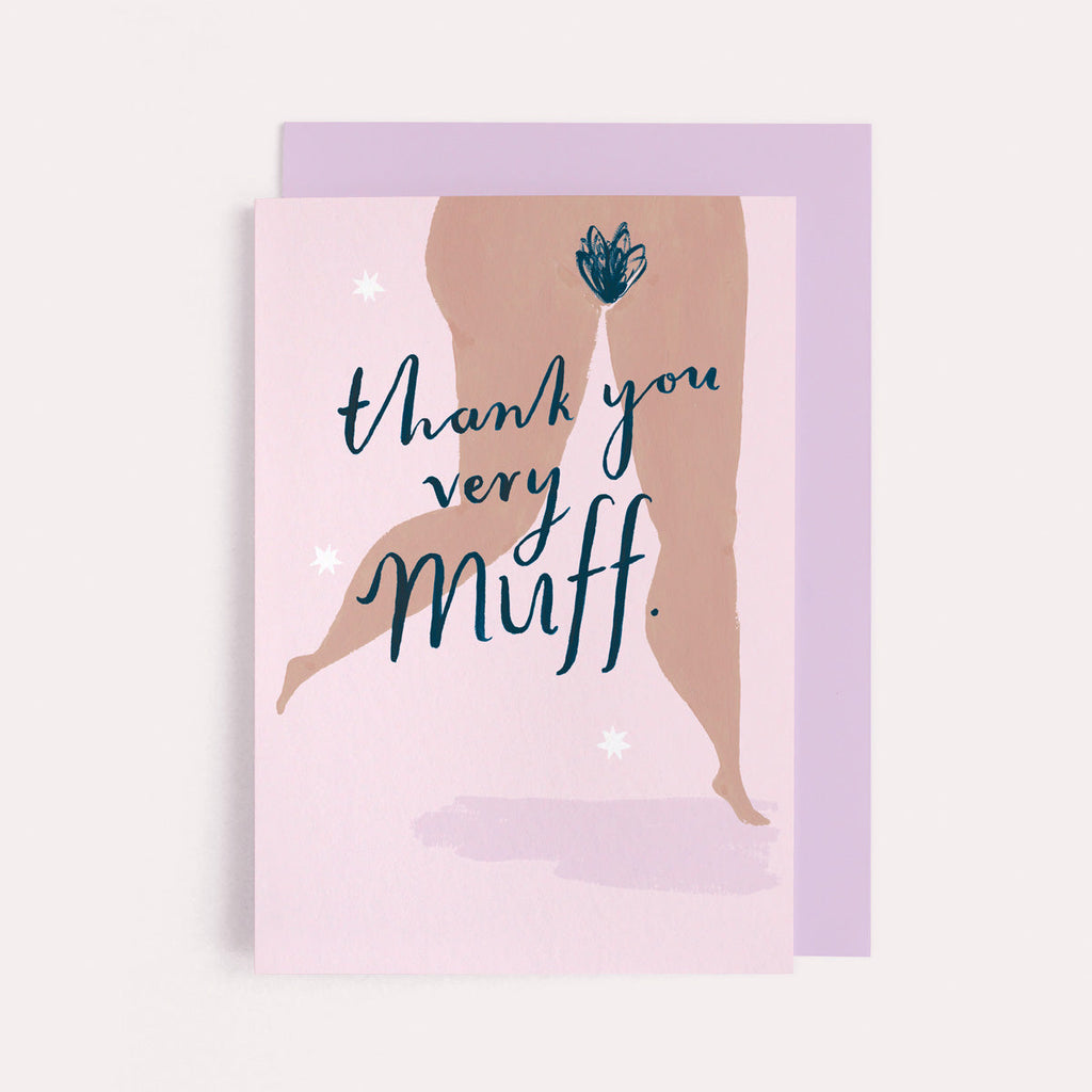 A funny muff illustration on a thank you card from the feminist card collection at Sister Paper Co.