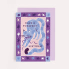 Cat lover birthday card with a blue cat and starry purple border and the caption 'Have the Purrfect Birthday'