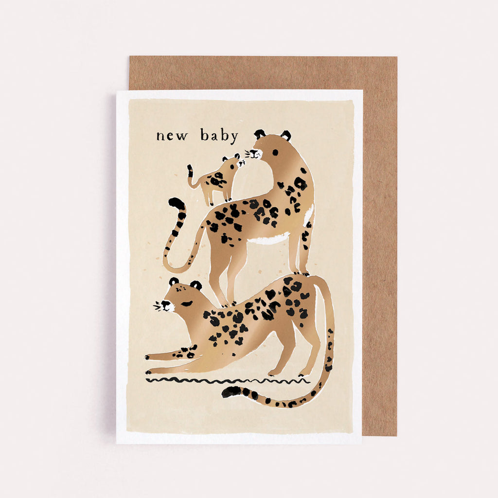 A leopard new baby card with gold foil details from Sister Paper Co.
