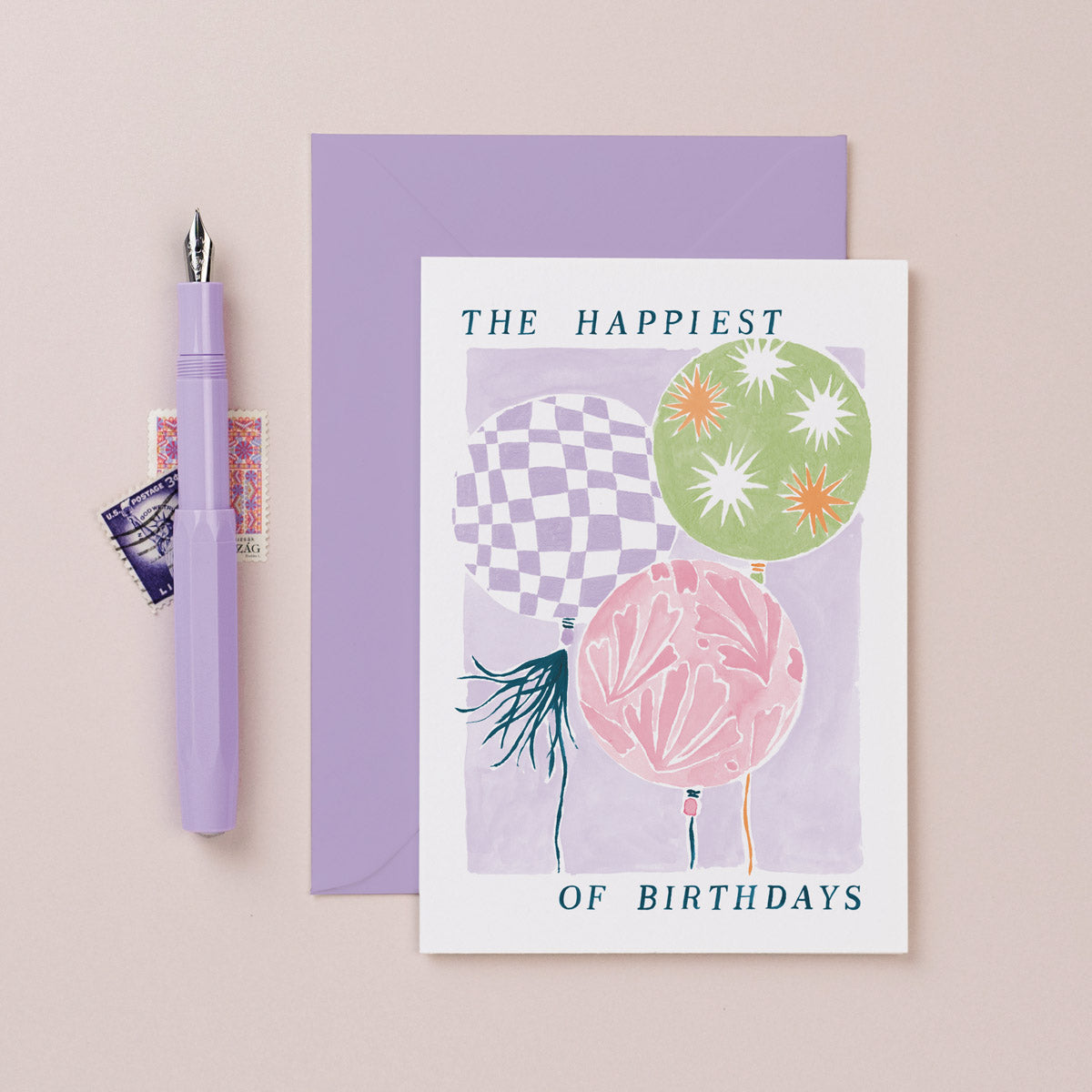 A balloons and stars illustration on a birthday card from the female birthday card collection at Sister Paper Co.