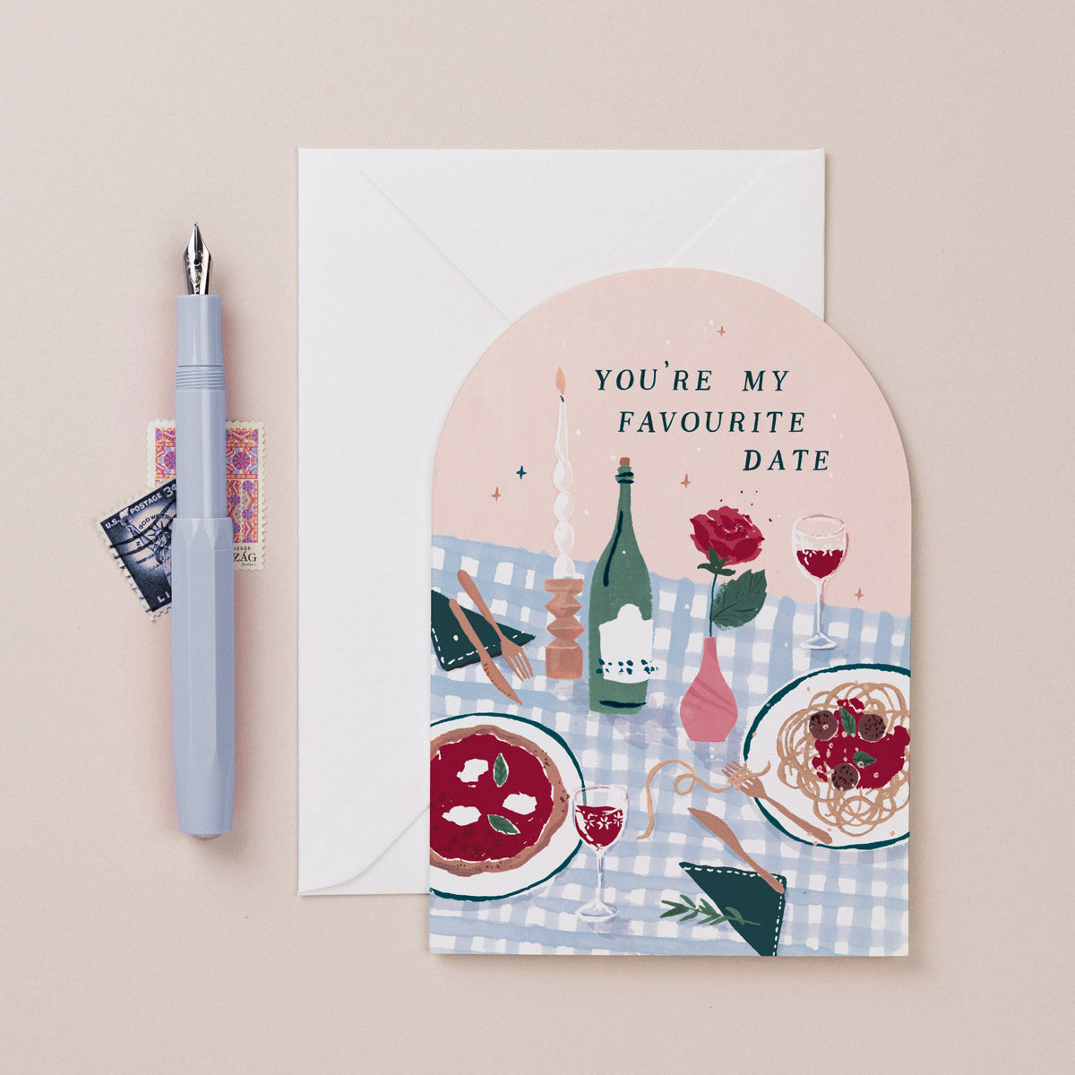 A love or anniversary card featuring an illustration of pizza date night from the occasions card collection at Sister Paper Co.