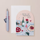 A love or anniversary card featuring an illustration of pizza date night from the occasions card collection at Sister Paper Co.