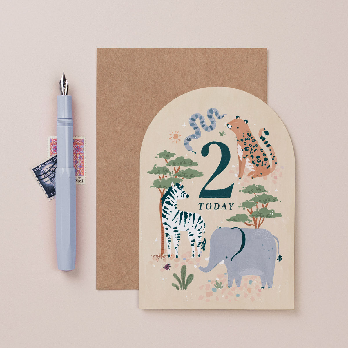 An age two birthday card featuring safari animals from Sister Paper Co.