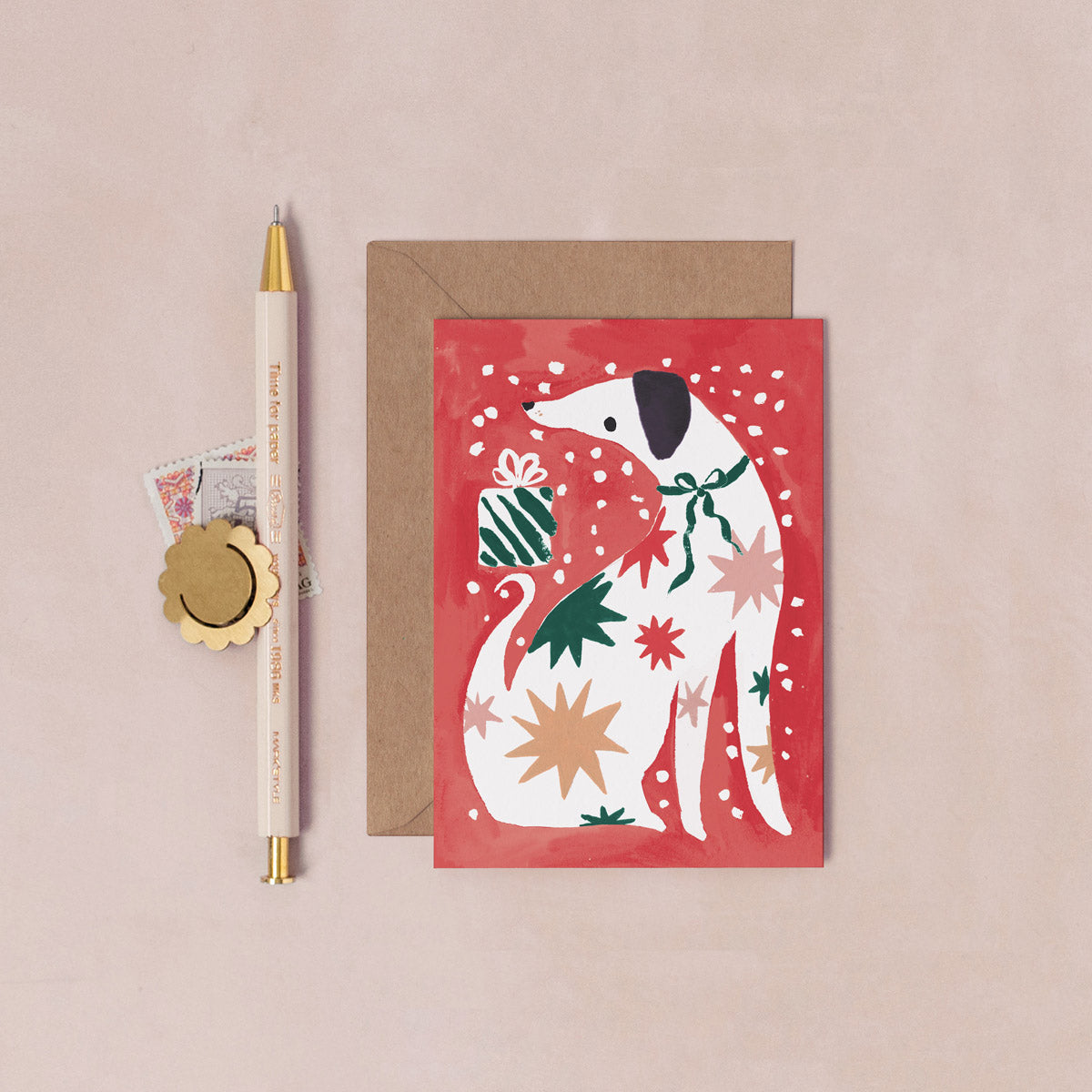 A mini Christmas card with an illustrated dog from the mini Christmas card collection at Sister Paper Co.