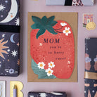 Mom Sweet Strawberry Mother's Day Card with USA spelling of Mom on the front of a big strawberry shape card