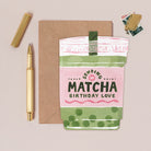 Matcha birthday card design shown close up