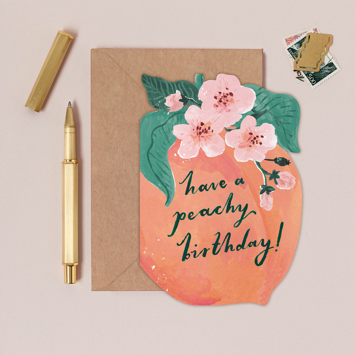 Peach birthday card design shown close up
