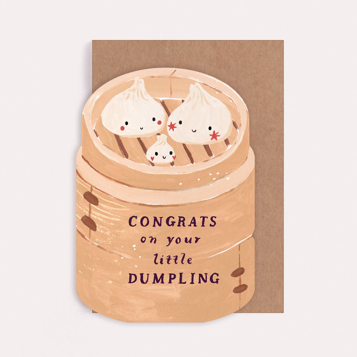 Bamboo steamer shaped new baby card with dumplings and the caption 'Congrats on your little dumpling'