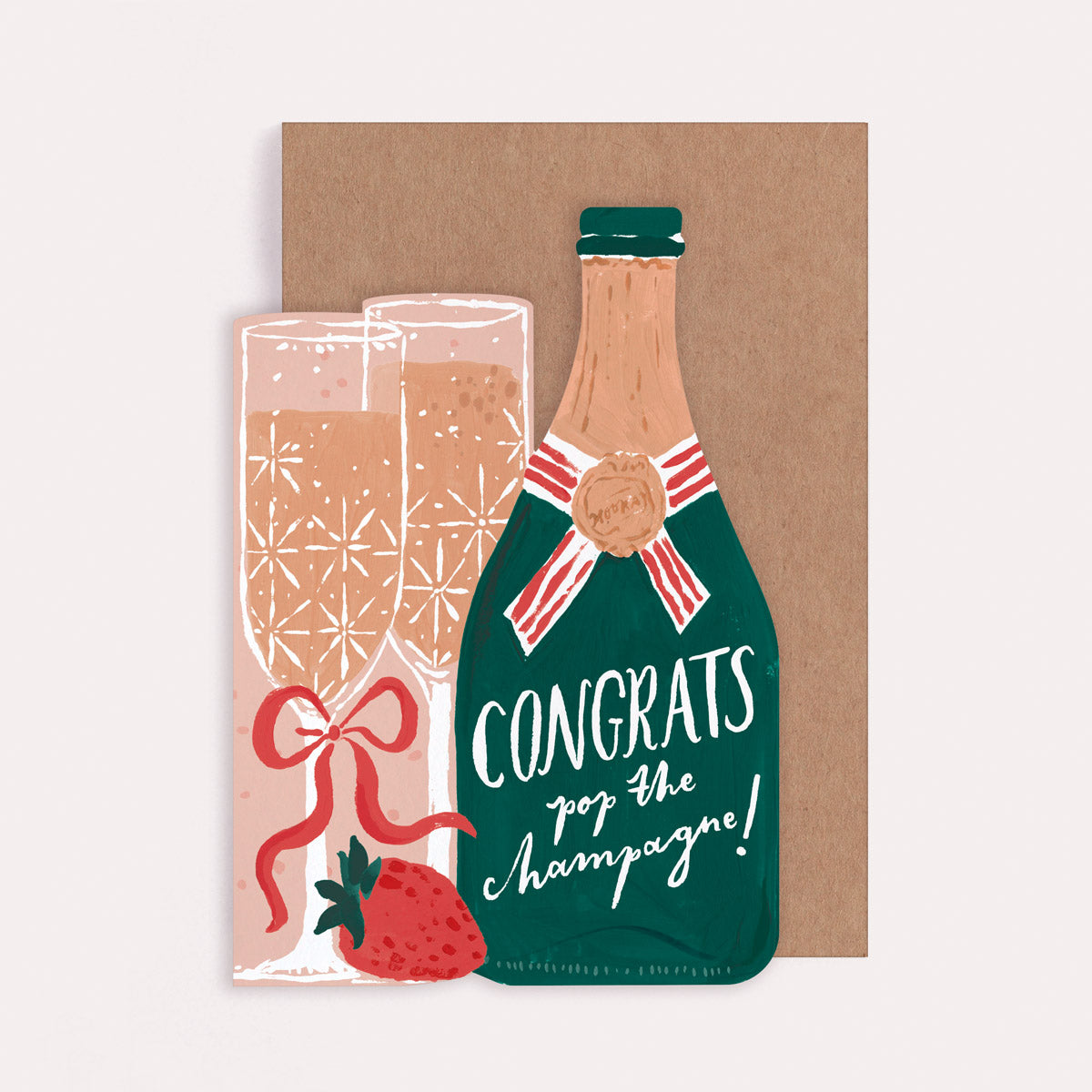Champagne bottle shaped congratulations and celebration card with the caption 'Congrats, Pop the Champagne'