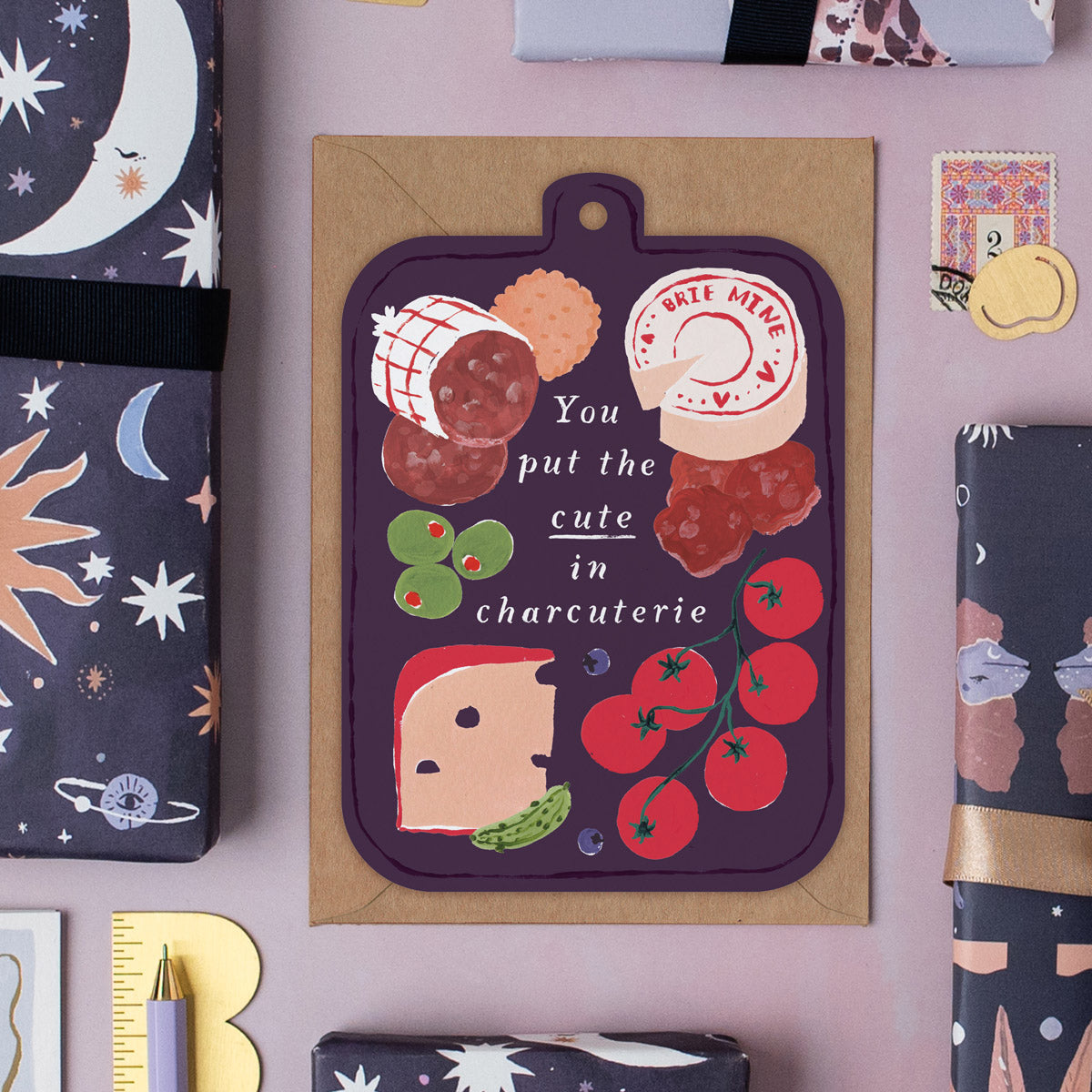 Charcuterie cheeseboard anniversary card design shown close up