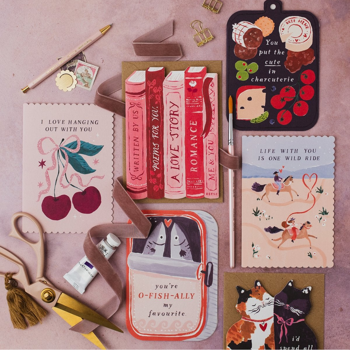 Sister Paper Co Valentine's cards in a styled flat lay