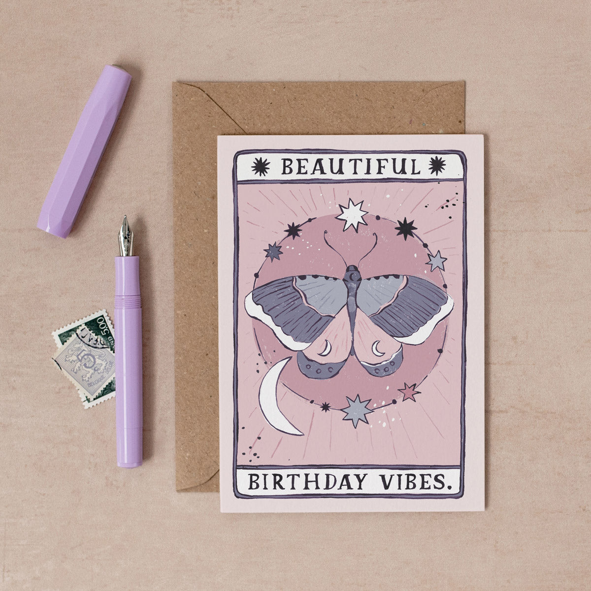 The Moth Birthday Vibes card from the Tarot collection at Sister Paper Co features an illustrated moth.