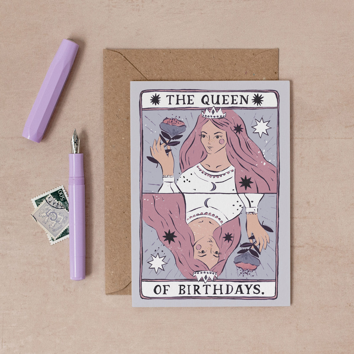 The Queen of Birthdays card from the Tarot collection at Sister Paper Co features a mirrored Queen birthday card.