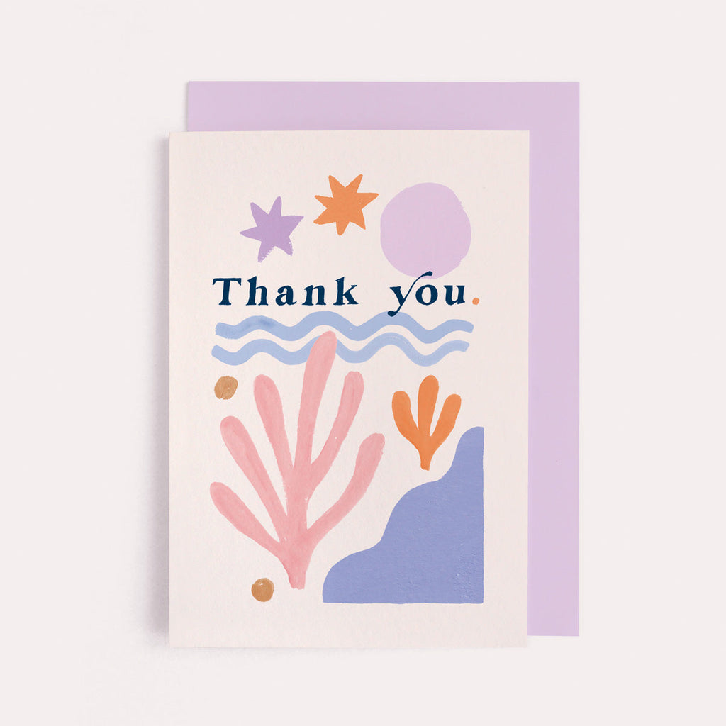 A stylish thank you card with illustrated shapes and hand lettering on a thanks card from the thank you collection at Sister Paper Co.