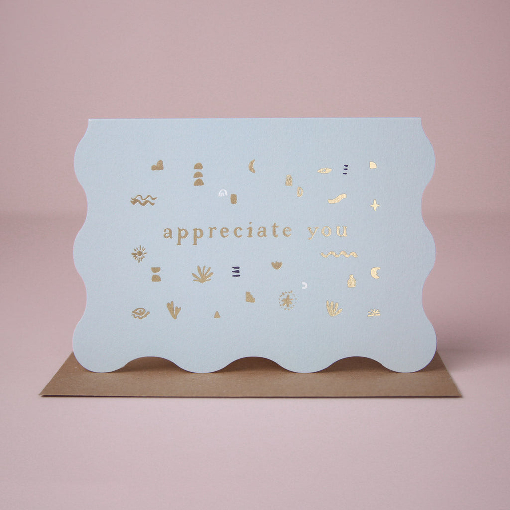 A thank you card featuring luxe stamped gold foil details from the Cosmique range of greeting cards from Sister Paper Co.