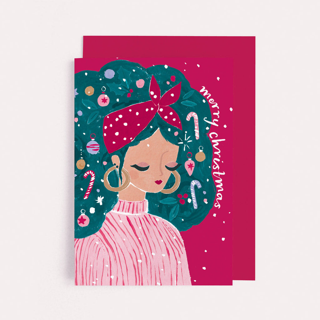 Girl with decorated Christmas tree hair Christmas card from the feminist Christmas card collection at Sister Paper Co.