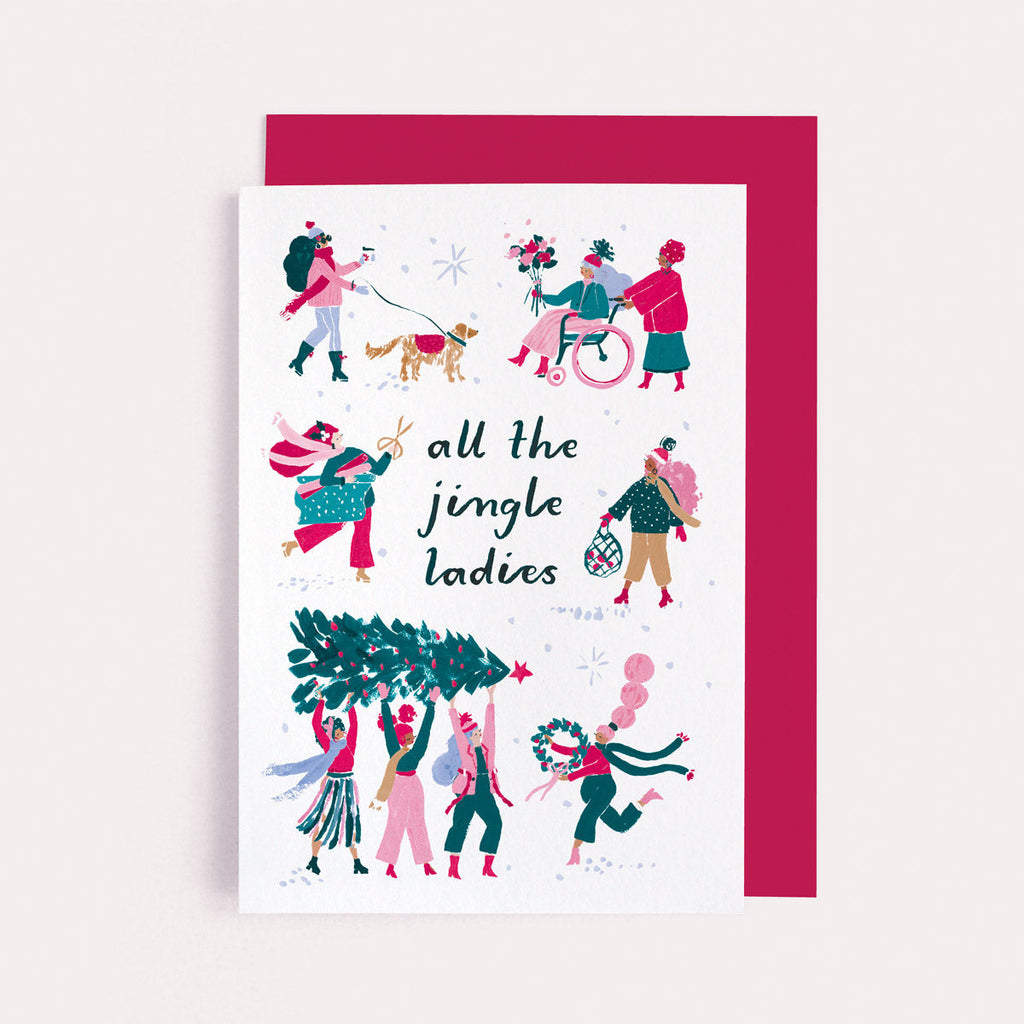 All the jingle ladies on a Christmas card from the funny feminist Christmas card collection at Sister Paper Co.