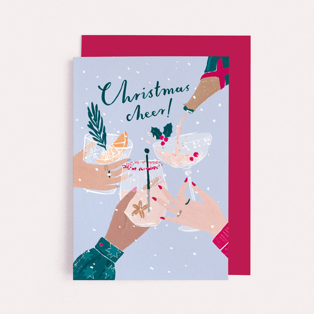 Gin, champagne and a cocktail on a Christmas card from the fun and funny Christmas card collection at Sister Paper Co.