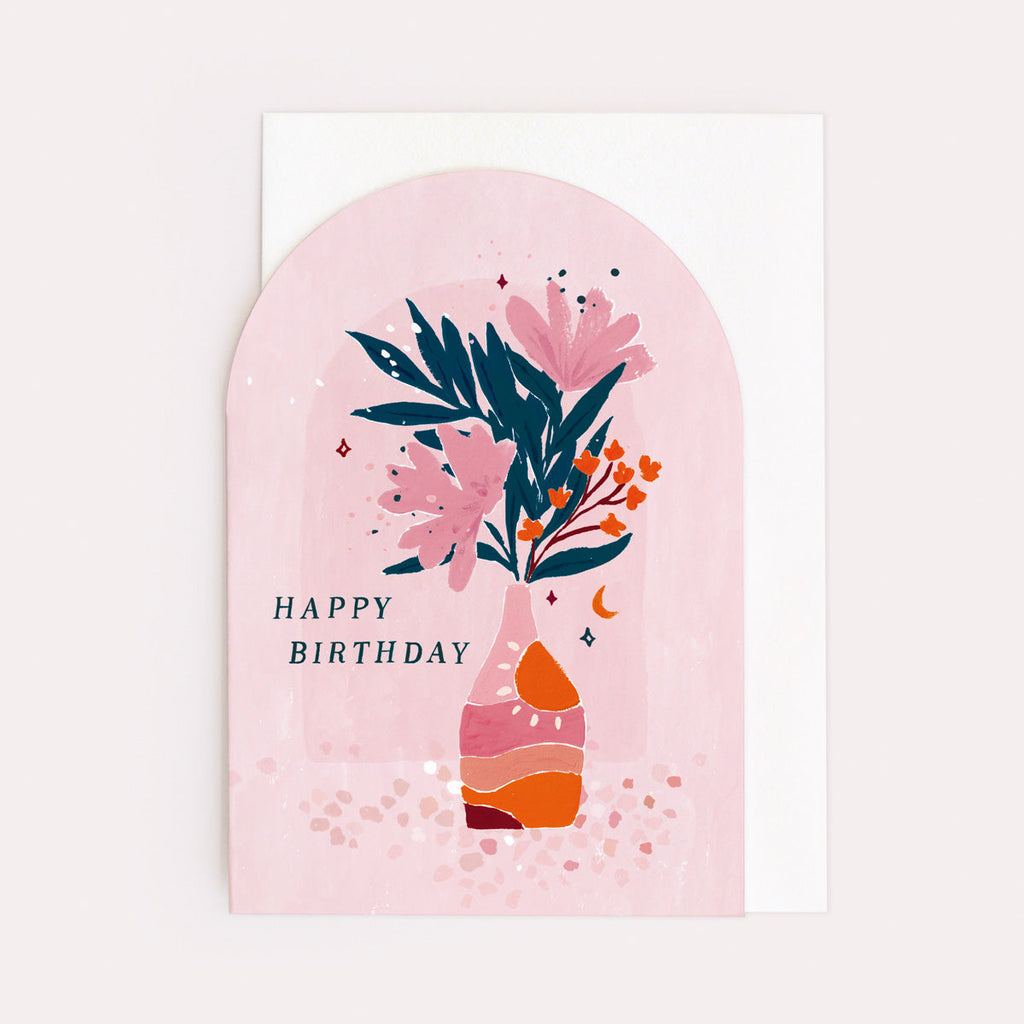 A stylish birthday card with flowers and vase illustration on a thoughtful birthday card from the female birthday card collection at Sister Paper Co.