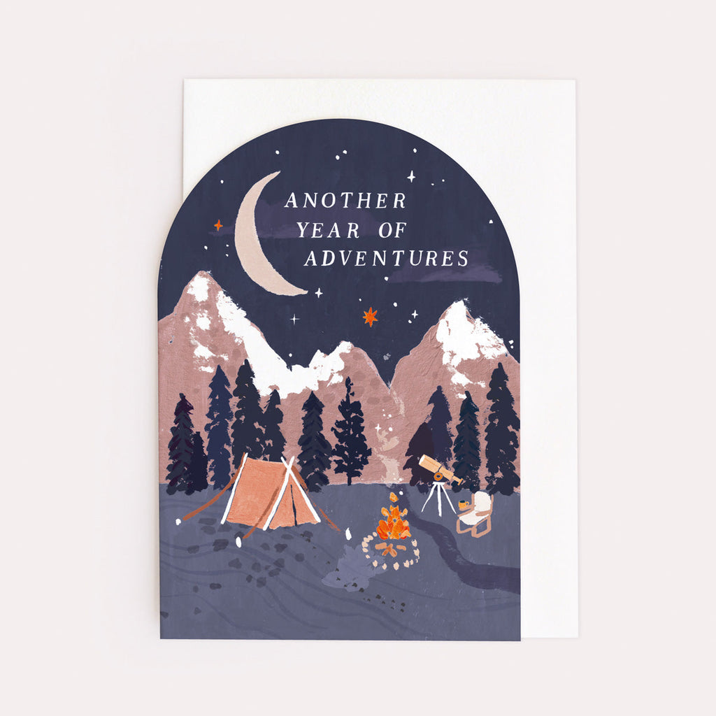 A stylish illustrated birthday card showing a campsite from the male birthday card collection at Sister Paper Co.