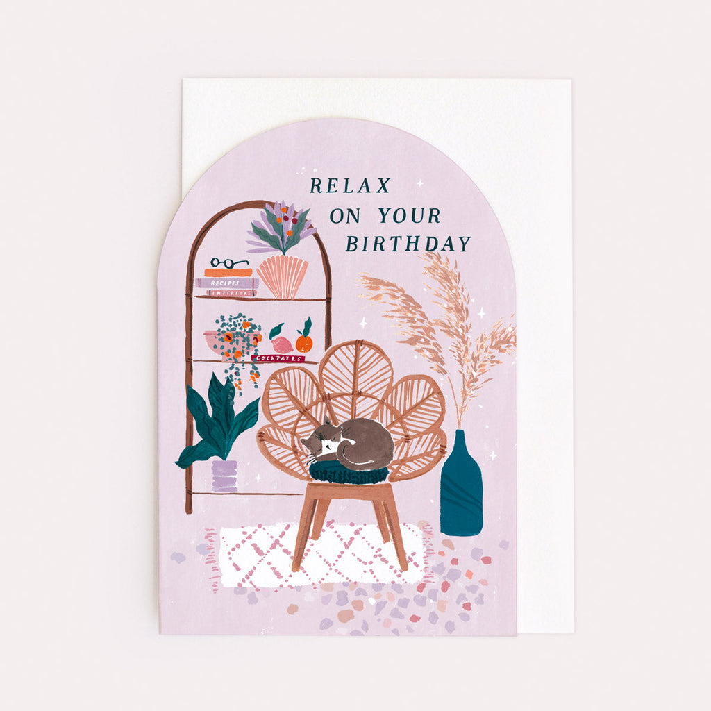 An adorable sleeping cat on a birthday card from the Nevada collection at Sister Paper Co.