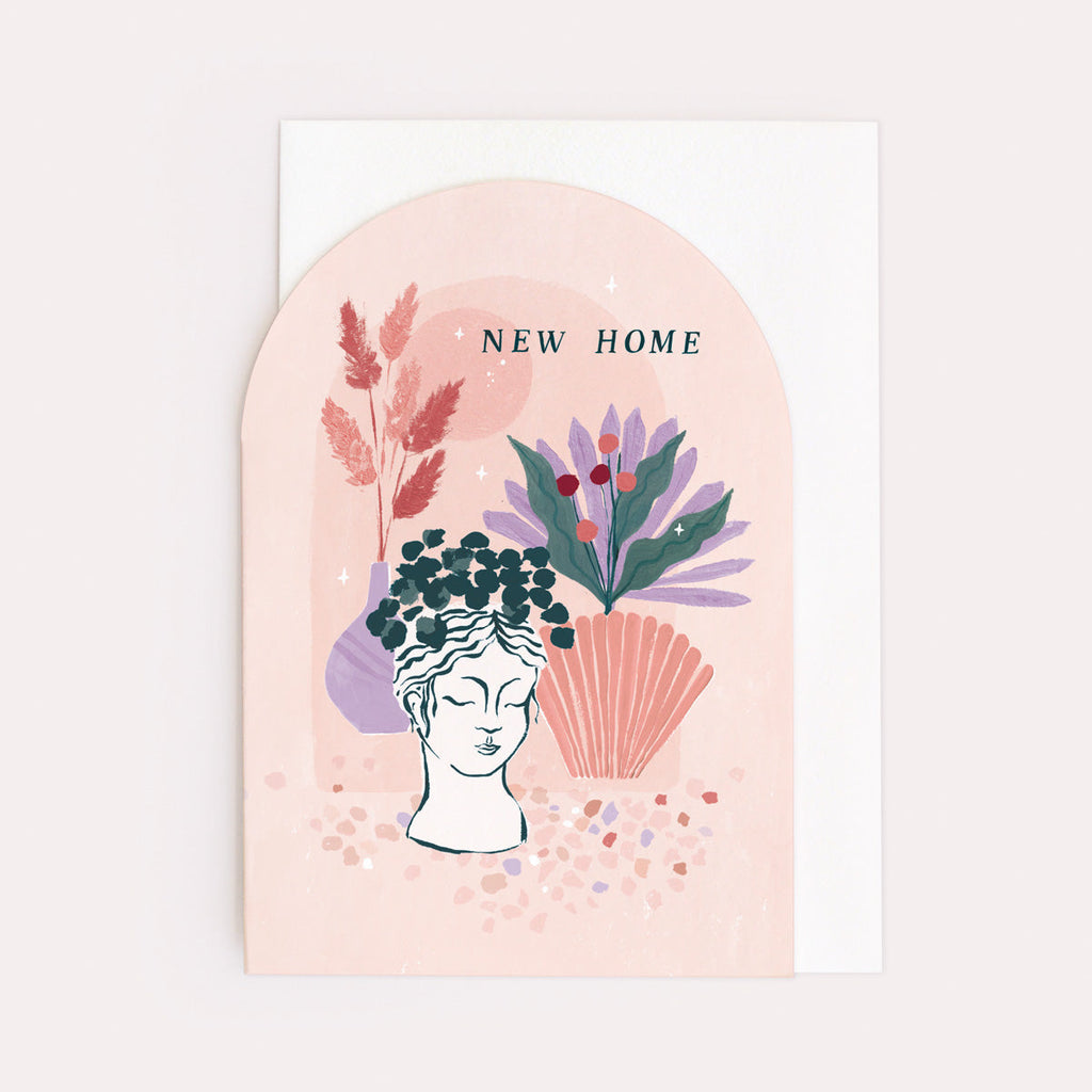 A stylish new home card with dried flowers and vase illustration on a new apartment card from the new home card collection at Sister Paper Co.