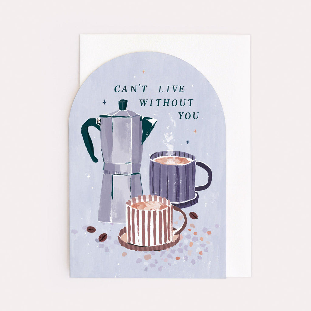 A love or anniversary card featuring an illustration of coffee mugs and coffee pot from the occasions card collection at Sister Paper Co.
