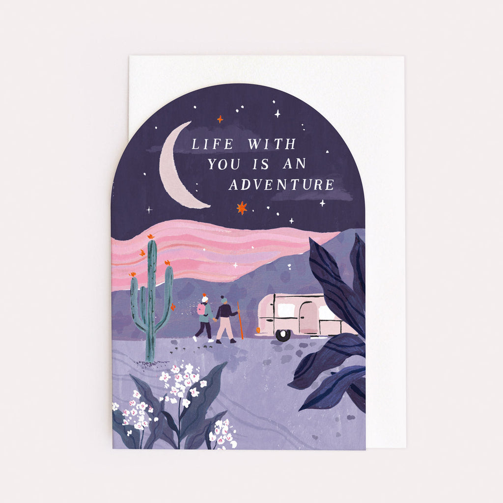 A love or anniversary card featuring an illustration of couple enjoying a hike from the occasions card collection at Sister Paper Co.