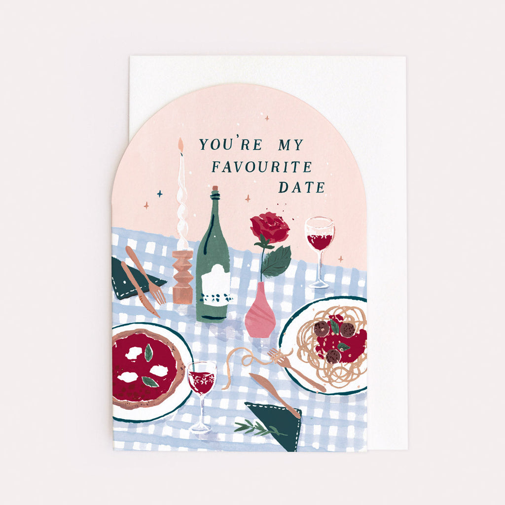 A love or anniversary card featuring an illustration of pizza date night from the occasions card collection at Sister Paper Co.