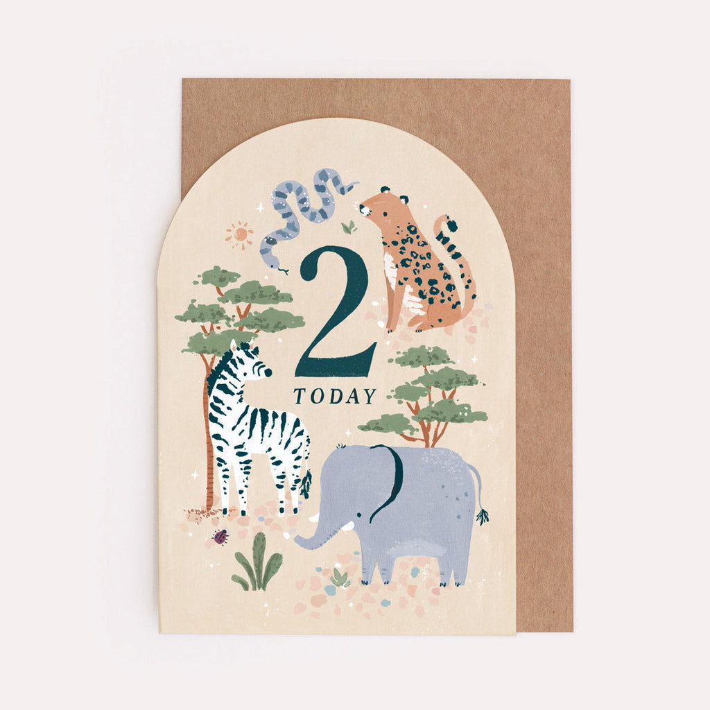 An age two birthday card featuring safari animals from Sister Paper Co.