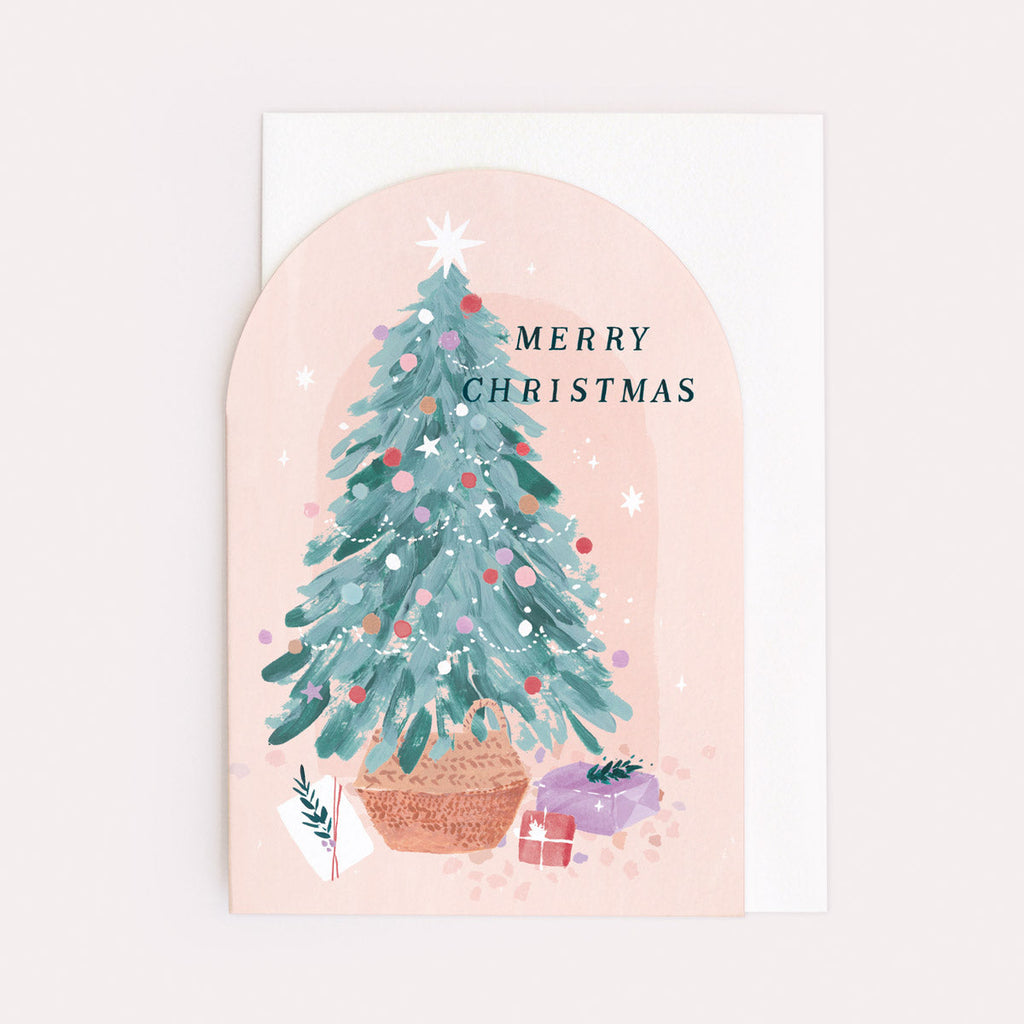 A Christmas card featuring a Christmas tree and presents from the Nevada holiday card collection at Sister Paper Co.