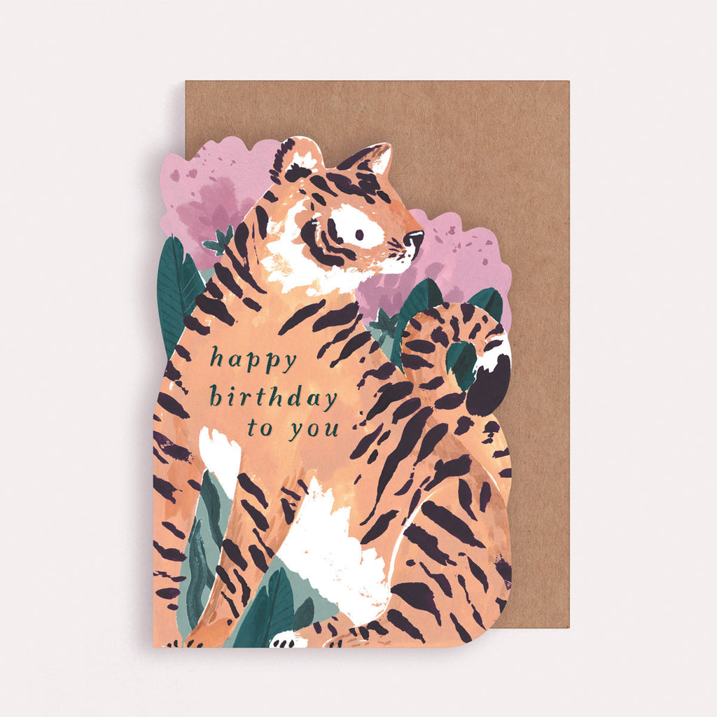 A tiger birthday card cut into a unique shape from Sister Paper Co.