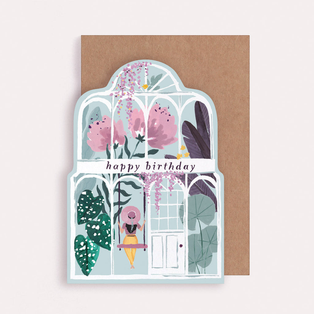 A greenhouse birthday card for her cut in a unique shape from Sister Paper Co.