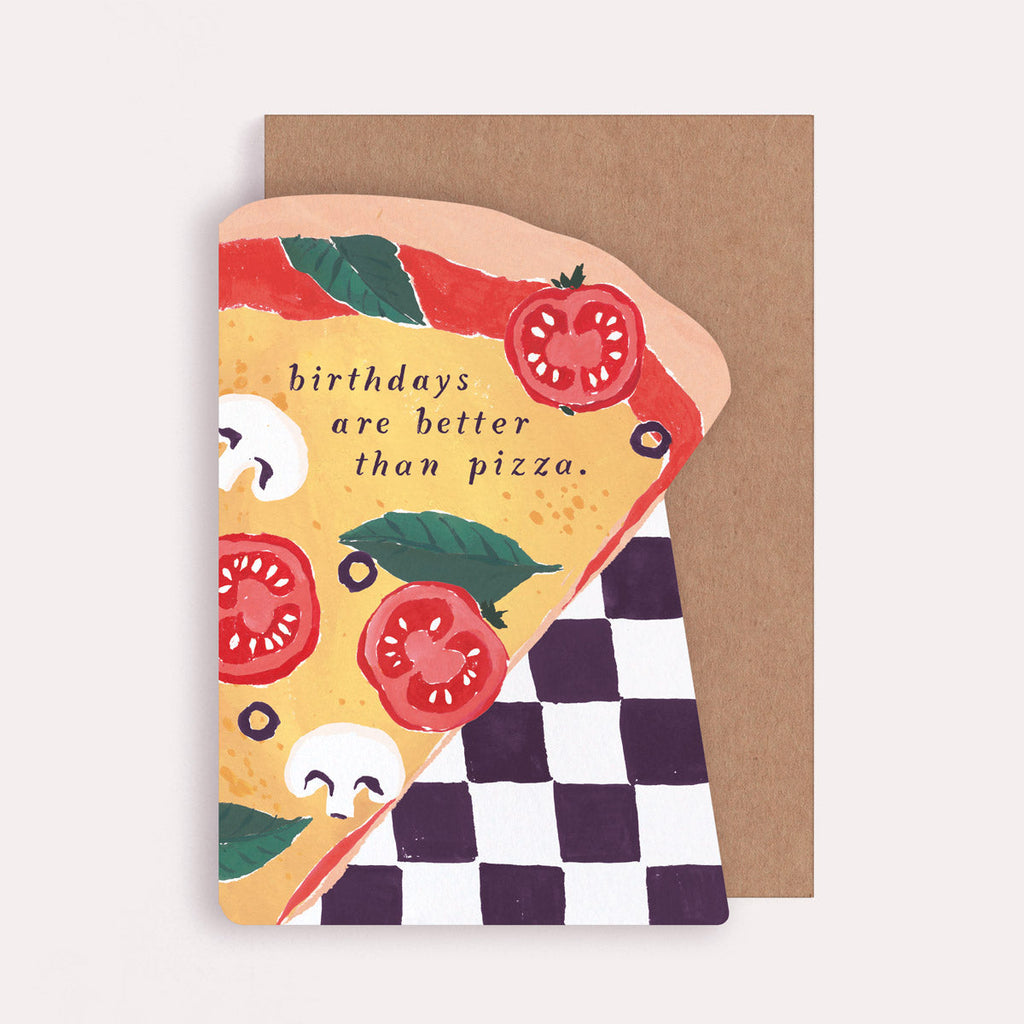 A birthday card in the shape of a pizza slice from Sister Paper Co.