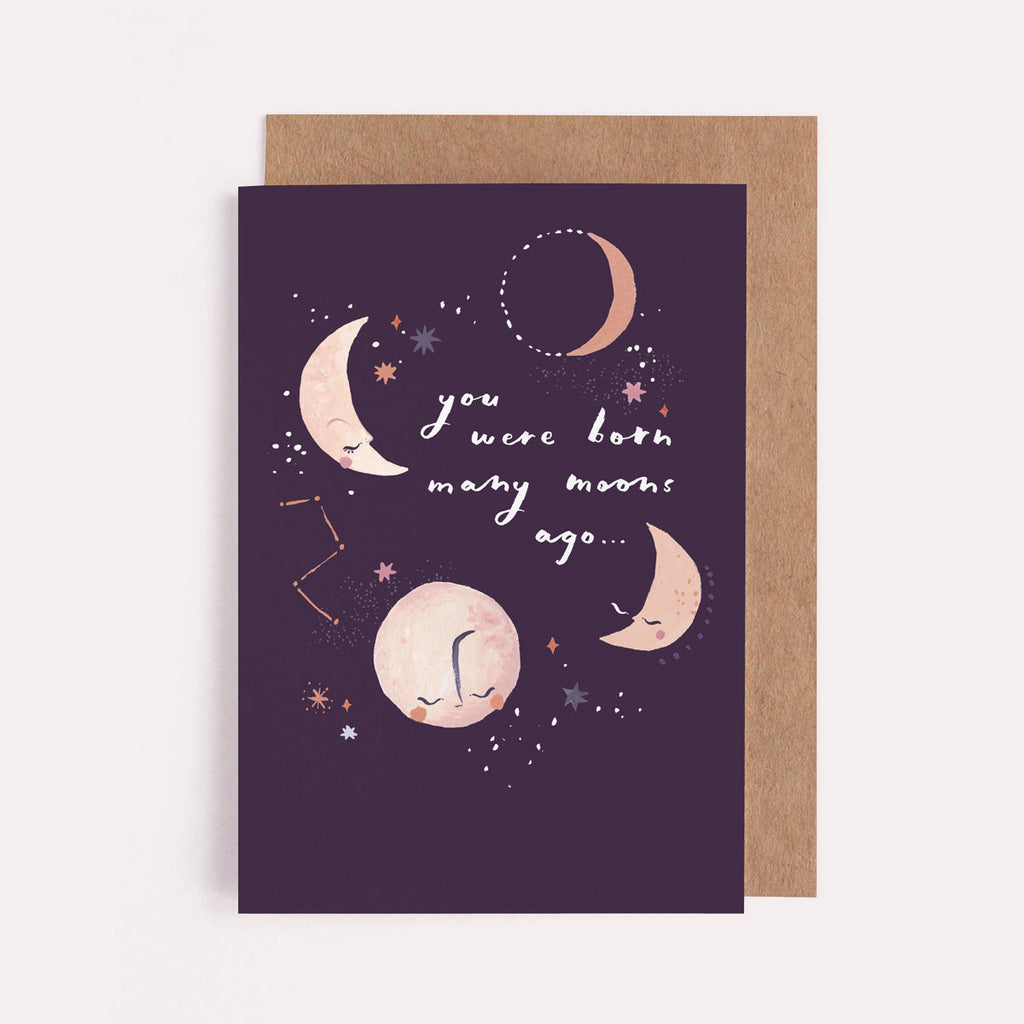 An illustration of moons and stars on a birthday card from the female birthday card collection at Sister Paper Co.